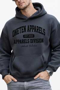 ONETEN APPARELS Sweat-shirt à capuche en molleton de coton gris foncé anti-plis grande taille pour homme – Collection Automne - Product Image 6