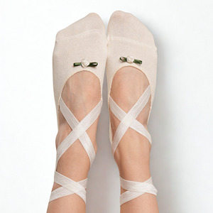 <b>Custom</b> Logo Ballet Style <b>Grip</b> <b>Socks</b> with Ribbon Straps Anti-Slip Knitted Cotton Ankle Length for Women Spring Season - Product Image 3