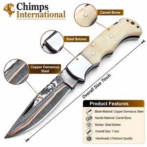 Cuchillo de Caza Plegable de Acero de Damasco Chimps International, Hoja de Punta Caída con Incrustaciones de Cobre, EDC de 7 Pulgadas, Hueso de Camello - Product Image 5
