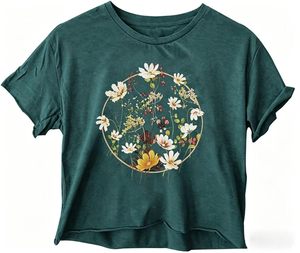 Camiseta Corta para Mujer con Estampado de Flores Silvestres, Manga Corta, Cuello Redondo, Estilo Casual de Verano, Venta al Por Mayor OEM - Product Image 1