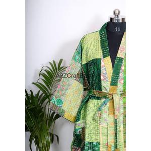 Kimono pour femmes, design japonais, 100% coton, léger, col en V, fermeture à cordon, manches longues, imprimé floral, poches Kantha - Product Image 3