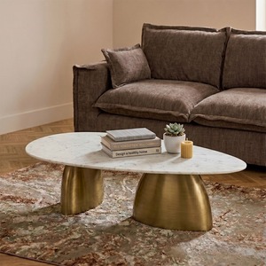Table basse ovale moderne avec plateau en marbre blanc et base en laiton, meubles de salon - Product Image 3