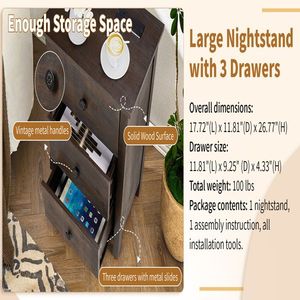 Comodino in Legno Impiallacciato 66*45*68cm con Tre Cassetti, Cassettiera in MDF Marrone - Product Image 2