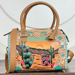Bolso de viaje de cuero repujado a mano Super September, conjunto de 3 piezas a juego, nueva colección con estampado de cactus al atardecer, bolso para mujer - Product Image 3