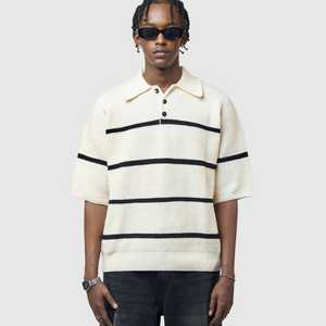 Men's <b>Waffle</b> Knit Striped Short Sleeve <b>Shirt</b> Contrast Stripe Custom Logo Embroidery Back Neck OEM ODM Wholesale 100% Polyester - Product Image 3