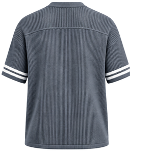 เสื้อเจอร์ซีย์กีฬาคอวีถักสีเทาสเลท แขนสั้น ลายทาง น้ำหนักเบา สั่งทำพิเศษ ทรงโอเวอร์ไซส์ สไตล์ลำลอง สำหรับทีมกีฬา - Product Image 2