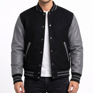 Custom Men's <b>Waterproof</b> Varsity <b>Jacket</b> Black Melton Wool <b>Grey</b> Genuine Cowhide Leather Sleeves Letterman Baseball Bomber Front - Product Image 1