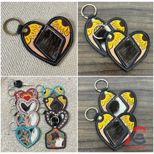 Artisan Style Hand Tooled Cowhide <b>Leather</b> <b>Key</b> <b>Chains</b> Heart Shape Genuine <b>Leather</b> Floral Wholesale Unisex Boutique Gift <b>Key</b> Ring - Product Image 1