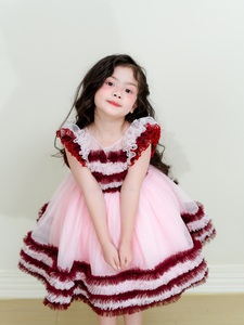 เดรสเจ้าหญิงผ้าโปร่งสีชมพูสุดหรูสำหรับเด็กผู้หญิง-ลายทางมีระบายกระโปรงเต็มชุดงานเลี้ยงวันเกิดและชุดในโอกาสทางการ - Product Image 2