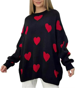Sweat-shirt pour femme à motif cœur mignon en relief, col rond décontracté, pull tricoté pour la Saint-Valentin - Product Image 1