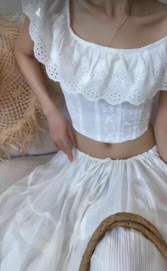 <b>White</b> Embroidered Woven Breathable Short Sleeve Cotton Linen Blend Crop Top <b>Maxi</b> <b>Skirt</b> Set Square Neck Feminine Elegant 2-Piece - Product Image 2