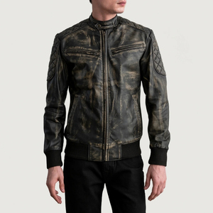 Veste moto en cuir véritable noir pour homme, col montant, fermeture éclair, longueur normale, style automne - Product Image 5