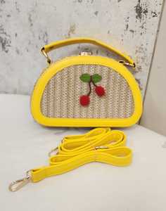 Yellow Straw <b>Frame</b> Handbag Cherry <b>Embroidery</b> PU Purse Two Handle Crossbody Bag for Daily Use - Product Image 2
