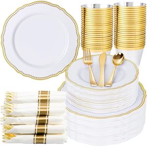 Set di Stoviglie in Plastica Bianca e Oro 350 Pezzi, Include 50 Piatti Fondi, 50 Piattini, 50 Bicchieri per Feste e Decorazioni da Tavola - Product Image 1