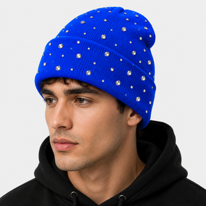 Custom Rhinestone Beanie Hat for <b>Men</b> Women | Sparkle Crystal Cuffed Knit Winter <b>Cap</b> | OEM Wholesale - Product Image 1