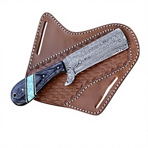 Cuchillo de caza de hoja fija de acero de Damasco hecho a mano, personalizado y de primera calidad, con mango de madera y funda de cuero, punta caída. - Product Image 1