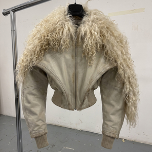 Chaqueta bomber de piel auténtica con ribete de piel sintética, con cremallera, corta, gruesa, para invierno, unisex, estilo urbano. - Product Image 4