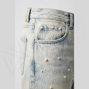 Jean droit taille haute pour homme en denim de coton délavé style streetwear perlé coupe slim décontracté printemps - Product Image 5