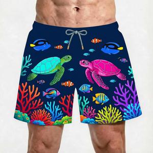 Shorts de bain pour hommes à séchage rapide, motif tortue corail coloré, avec cordon de serrage, taille mi-haute, motif dessin animé - Product Image 1