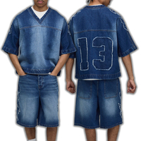 Conjunto de Camiseta y Pantalones Cortos de Mezclilla Lavada Personalizada para Hombre, Estilo Urbano Vintage, OEM ODM, Venta al Por Mayor, Verano, Alta Calidad