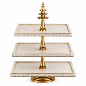 Latest Three Tier Rectangle White Wooden Cake Stand Gold Metal Dessert Display Tray Luxury Wedding Buffet Serving Stand - Product Image 1