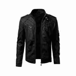 Men's <b>Black</b> Canvas Sherpa PU Moto <b>Jacket</b> Stand Collar Zipper Closure Slim Fit Solid Color Regular Sleeve Winter Motorcycle - Product Image 1