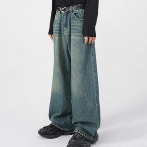 Vaqueros holgados vintage personalizables para hombre, pantalones de mezclilla lavados a la piedra, estilo hip hop, corte ancho, ropa casual pura. - Product Image 6