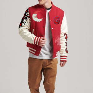 Men's <b>Red</b> White Hooded Letterman <b>Jacket</b> Winter Sportswear Mandarin Collar Regular Fit <b>Waterproof</b> Windproof Cotton Lined High - Product Image 1