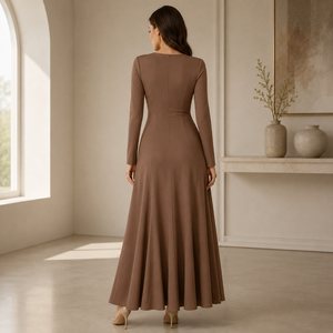 Vestido Largo de Sirena Marrón de Lujo con Mangas Largas para Mujer |   Elegante Vestido de Fiesta Ajustado con Malla en el Pecho |   Cóctel Formal Vintage - Product Image 2
