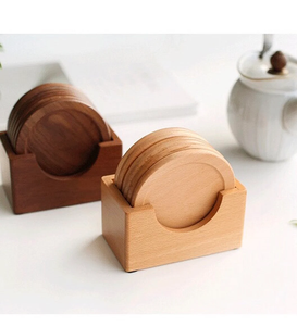 6 pièces ensemble de sous-verres ronds en bois antidérapants avec support en bois pour bureau, table à manger à la maison sous-verres gratuits - Product Image 1