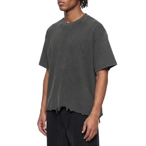 Custom <b>Charcoal</b> Grey <b>T</b> <b>Shirt</b> Heavyweight Cotton Oversized Drop Shoulder Distressed Raw Hem Streetwear Tee - Product Image 2