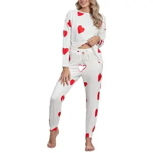 Conjunto de pijama feminino de algodão, conjunto de pijama estampado cardíaco para mulheres e meninas, 2 peças