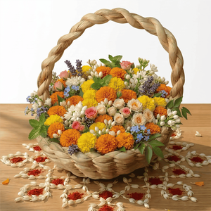 Panier de rangement en saule tressé fait main avec poignée tressée, thème floral, pour l'organisation de la maison, marque KOTTRAVAI, du Tamil Nadu - Product Image 3
