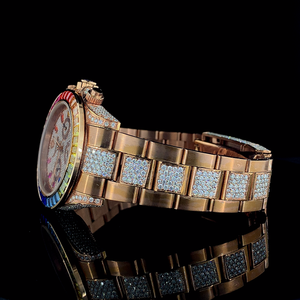 Montre chronographe de luxe en or jaune, lunette en pierres précieuses arc-en-ciel, cadran en strass, boîtier rond à quartz analogique - Product Image 3