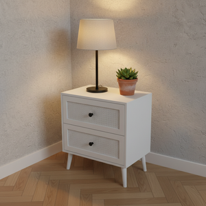 โต๊ะข้าง 2 ลิ้นชัก ดีไซน์ทันสมัย เป็นมิตรกับสิ่งแวดล้อม ทำจากไม้ยางพารา MDF ปิดผิวโอ๊ควีเนียร์ ตกแต่งด้วยหวาย โต๊ะเก็บของข้างเตียง/ห้องนั่งเล่น - Product Image 5