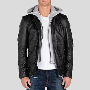 Veste en cuir noir pour homme avec capuche en tissu gris 2 en 1, veste à capuche streetwear superposée, coupe slim, manteau décontracté en peau de mouton - Product Image 1