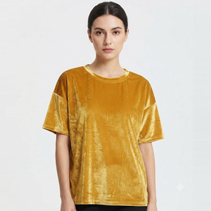เสื้อยืดกำมะหยี่แขนสั้นผู้หญิง เนื้อผ้านุ่ม สวมใส่สบาย คอกลม เรียบง่าย รับผลิตแบบ OEM ODM เสื้อยืดกำมะหยี่ทรงหลวมสำหรับผู้หญิง - Product Image 1