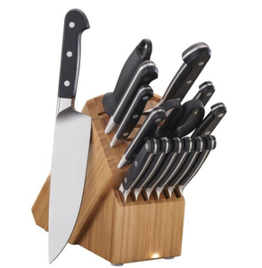 Black Handles Kitchen <b>Knives</b> Set with Silver Blades Brown Wooden Holder and Scissors for <b>Bread</b> Slicing Chopping and Food Prep - Product Image 1