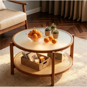 Tavolino da Caffè Boho in Noce a 2 Livelli, Tavolini Laterali in Rattan PE, Piano in Vetro Temperato, Tavolo Centrale in Legno Massello di Acacia per Soggiorno - Product Image 5