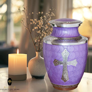 Urna Funeraria Metálica Morada con Cruz Plateada |   Artículos Religiosos Cristianos Hechos a Mano, Duraderos, Personalizables y Ecológicos, Estilo Europeo/Americano 220 - Product Image 3