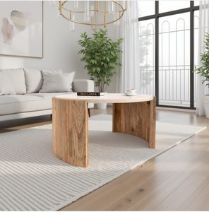 Modern <b>Round</b> Coffee <b>Table</b> Marble Look Top Solid Wood Base Living Room <b>Side</b> Center <b>Table</b> - Product Image 6
