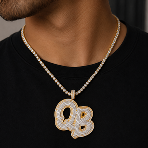 Custom QB Initial Pendant Necklace 925 Sterling Silver VVS Moissanite <b>Iced</b> <b>Out</b> Letter Pendant with Tennis <b>Chain</b> - Product Image 4