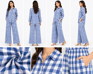 Ensemble de pyjama classique pour femme en coton écologique à carreaux, vêtements de détente de luxe, chemisier ample à boutons et pantalon large, vente en gros - Product Image 3