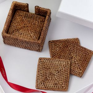 Premium Handwoven Rattan Coaster Set with Holder Natural <b>Square</b> Design for Dining Table Drink Coasters and Home Styling - Product Image 1