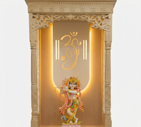 Mandir de prière traditionnel en bois massif écologique, rectangulaire, avec motif Om Ganesha rétroéclairé par LED, grand temple de maison design avec rangement