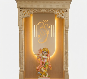 หิ้งบูชาไม้เนื้อแข็งทันสมัยพร้อมไฟ LED ประดับลายออมและพระกฤษณะ |   หิ้งบูชาขนาดใหญ่สำหรับบ้าน ดีไซน์สวยงาม พร้อมลิ้นชักเก็บของและตู้เก็บของ - Product Image 5