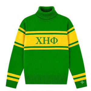 Pull à col roulé vert Chi Eta Phi Sorority avec rayures jaunes et logo brodé, style preppy, pull d'hiver pour femmes - Product Image 1