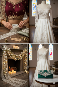 Exquisito Encaje Floral con Adornos de Perlas y Bordado Metálico, Diseño Romántico y Elegante, Ecológico - Product Image 2