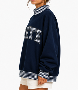Custom Women Oversized Mockneck Sweatshirt Heavyweight Gingham Plaid <b>Patchwork</b> Casual Varsity Streetwear <b>Top</b> - Product Image 2