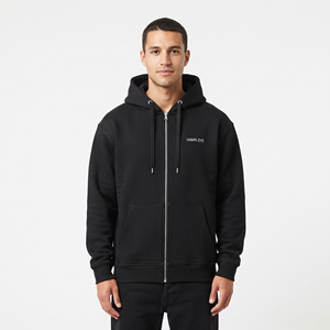 Sweat-shirt à capuche pour homme avec cordon de serrage et poche, côtelé, épais, de haute qualité, uni, noir, avec fermeture éclair intégrale - Product Image 1